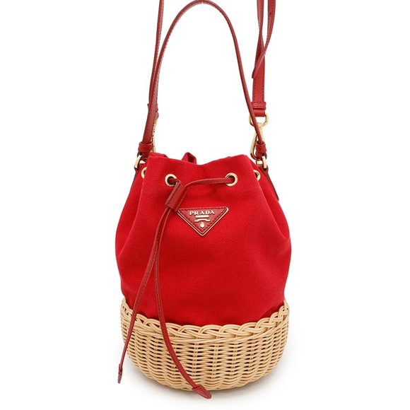 Prada Handbag Drawstring Bucket Bag Canvas Raffia 1BH115 PRADA 2-way - Picture 1 of 10